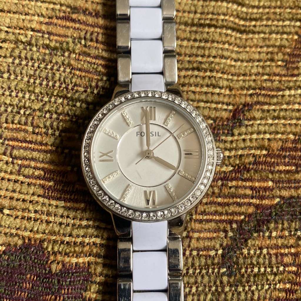 Ladies Fossil Es3560 111404 WhiteSilver Steel Band Gemstone Bezel  Dial Watch